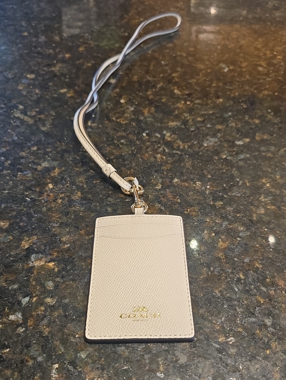 Coach Light Beige Pebbled Leather Lanyard ID Holder with Gold Hardware